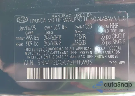 2025 Hyundai Santa Fe Xrt from USA, damaged, VIN 5NMP3DGL7SH115906